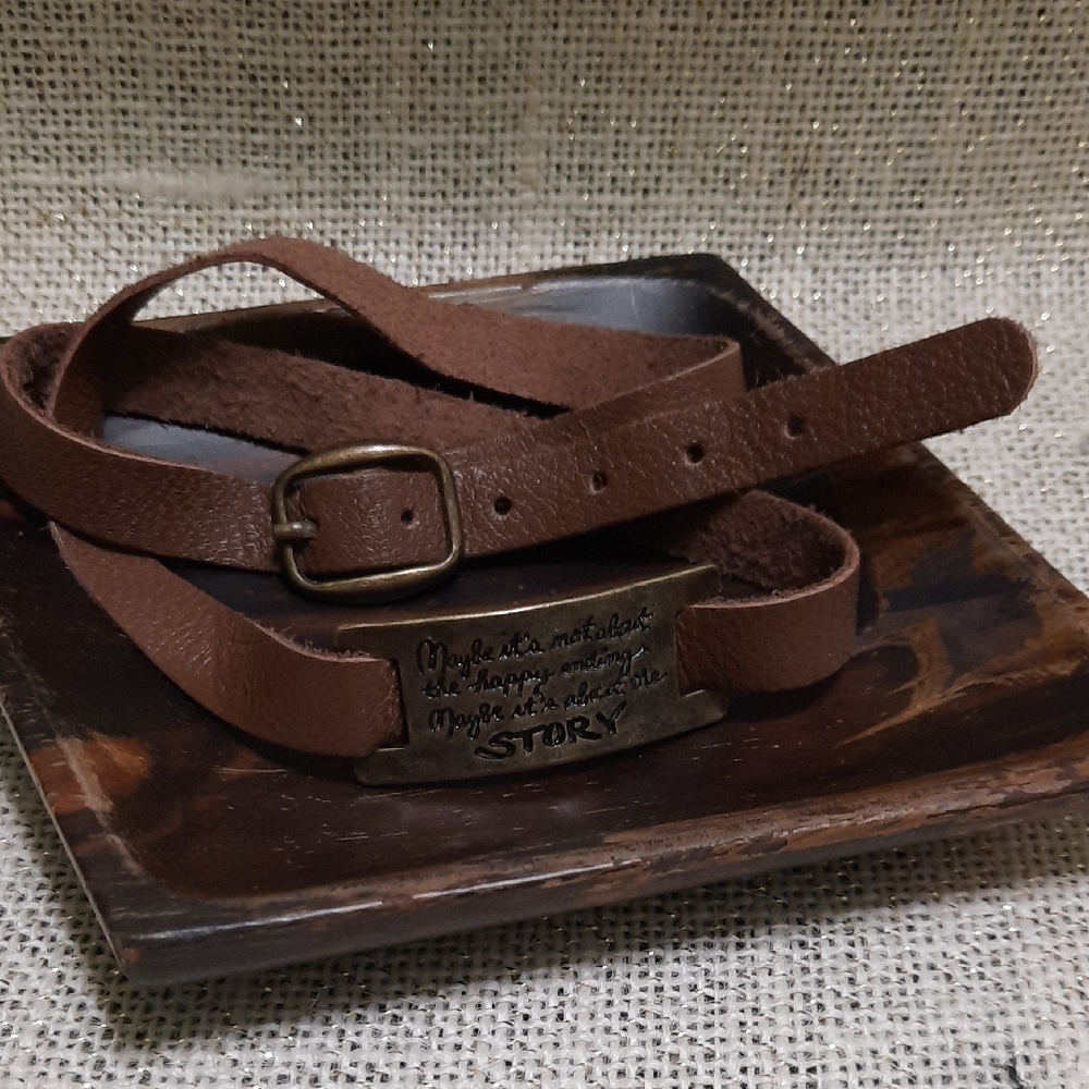 Brown Leather Wrap Bracelet with Antique Bronze Inspirational Quote Plate